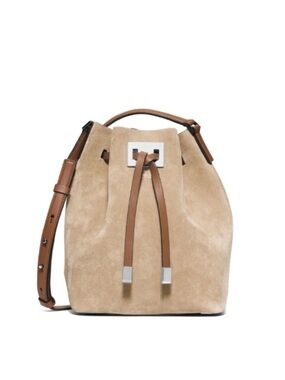 Michael Kors Collection Beige Suede Drawstring Bucket Bag with Tan Trim